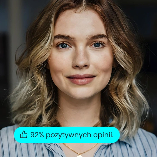 Profesjonalny portret młodej kobiety z blond włosami do ramion, naturalnym makijażem i miękkim oświetleniem na rozmytym tle wnętrza.
